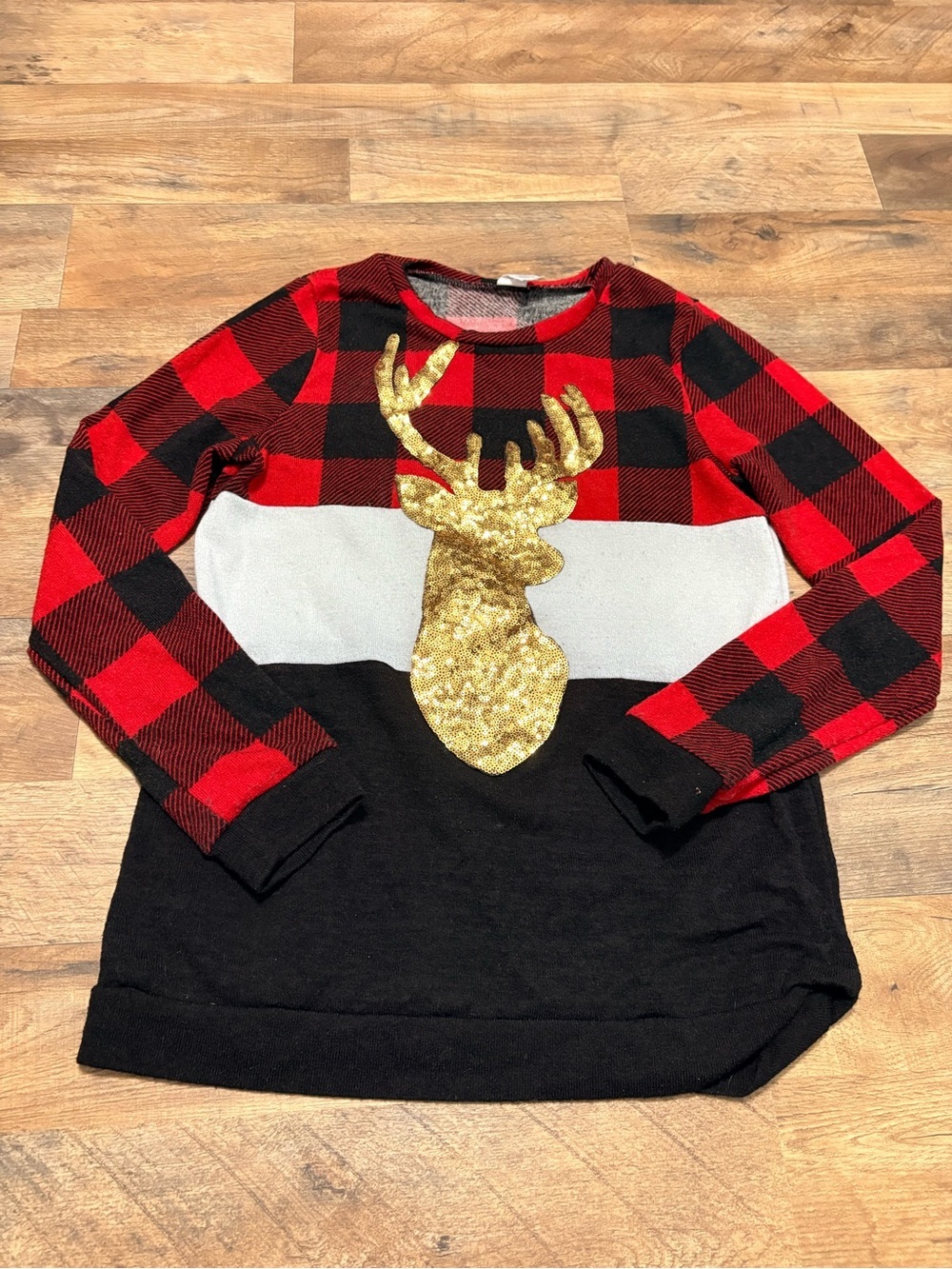 7th Ray Buffalo Plaid Christmas Sweater Large – Red Black Holiday Top Sequin